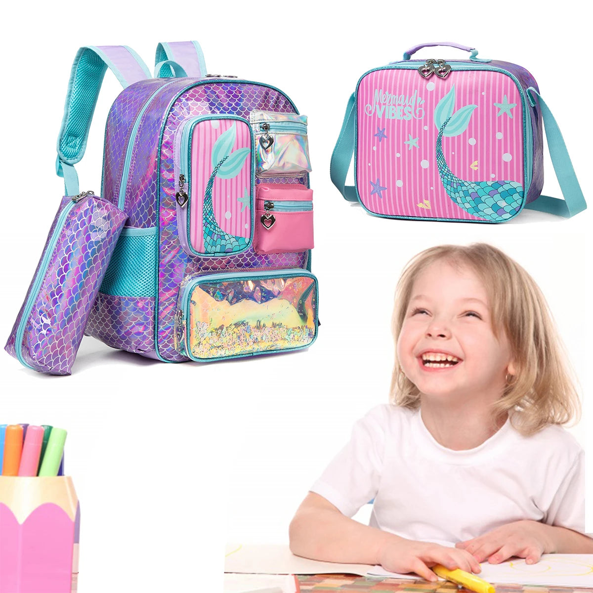 Meetbelify Mermaid Backpack for Girls Bookbag