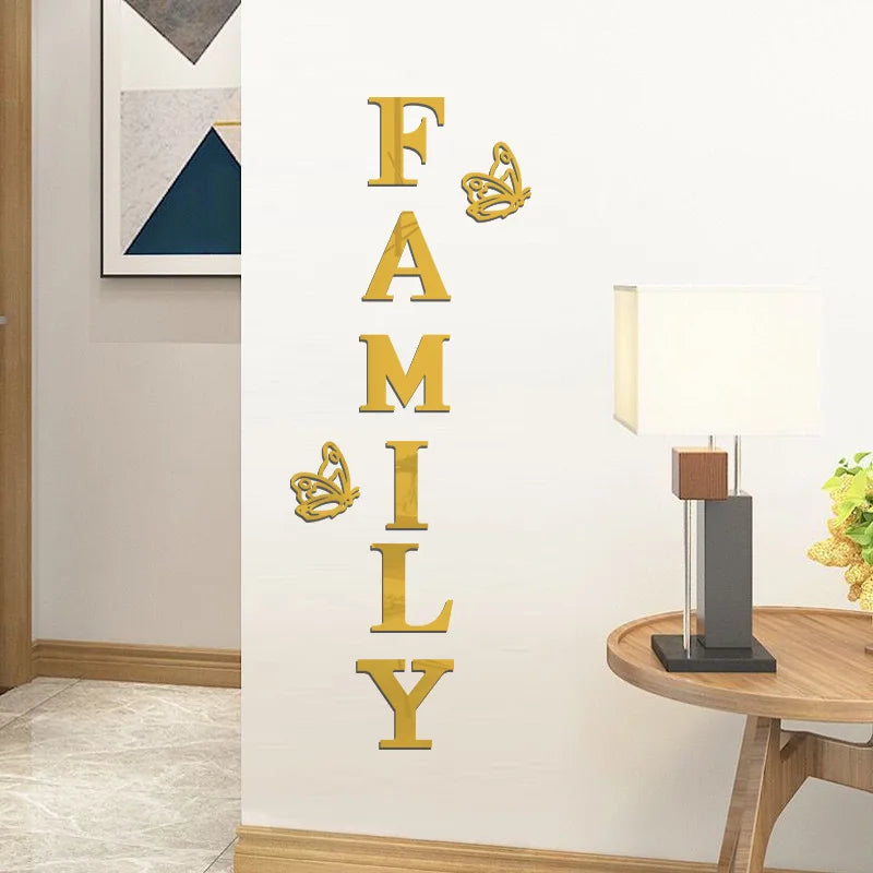 Two butterflies English Letters Family 3D Mirror Wall Stickers