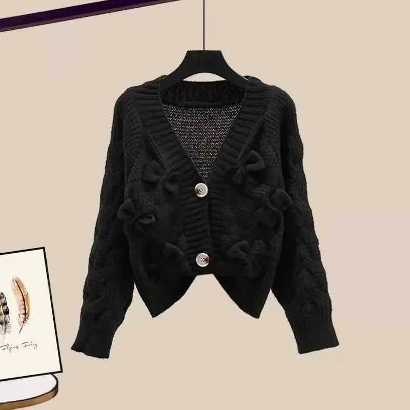 Korean Sweet Bow Outfit Long Sleeve Cardigan Knitwear Wide Leg Pants Set