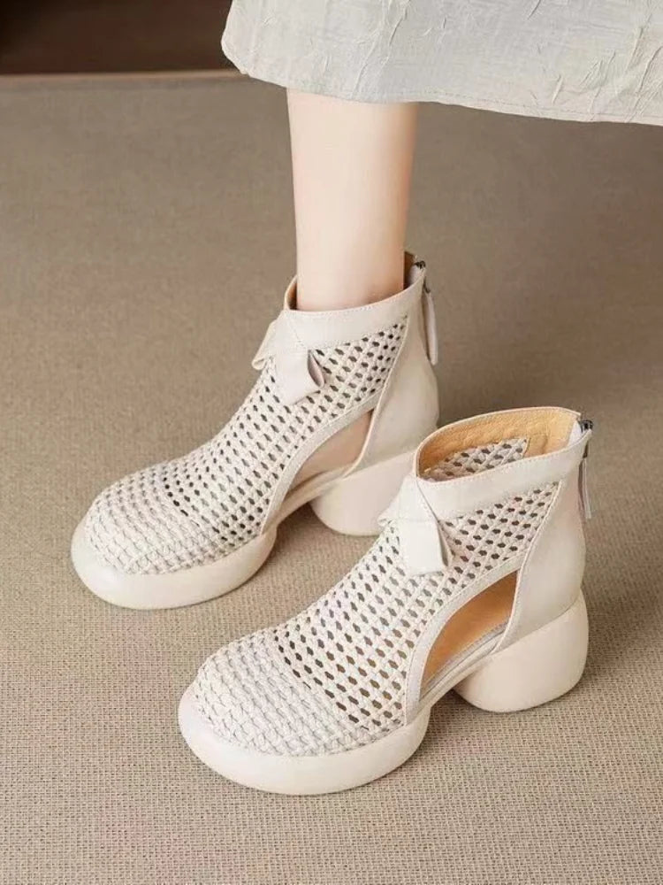 Chunky Heel Soft Leather Roman Sandals Casual Shoes