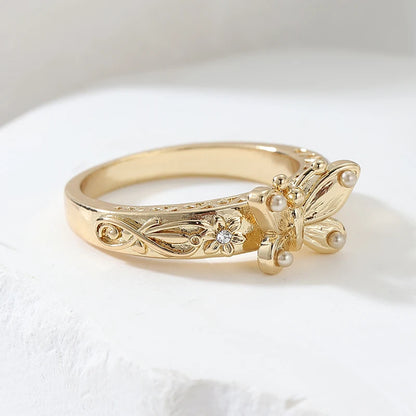 Gorgeous Hand Carved Butterfly Flower Gold Metal Geometry Rings