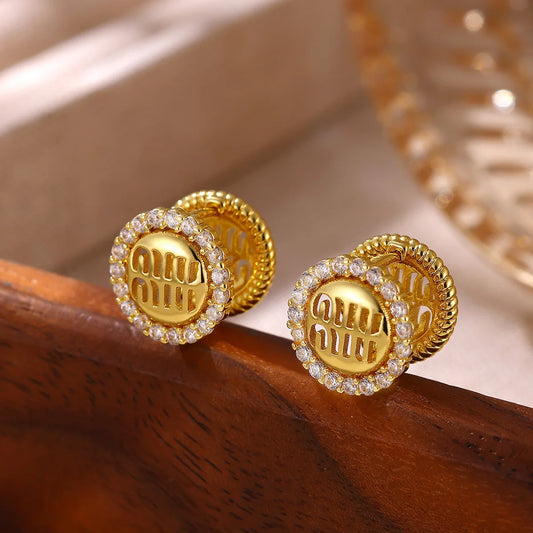 Double Sided Letter Round Crystal Halo Huggie Hoop Earring