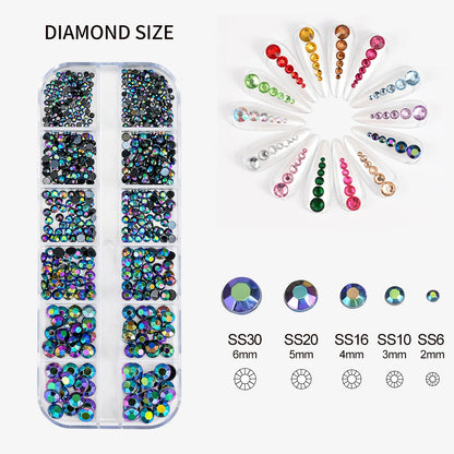 12Gird 3D Glass AB Crystal Nail Art Rhinestones Kit