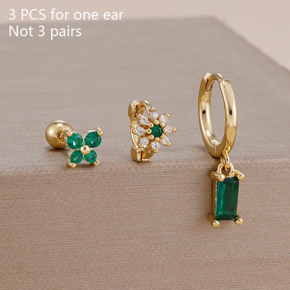 14K Gold Plated Zircon Square Hoop Stainless Steel Butterfly Stud Earring Set