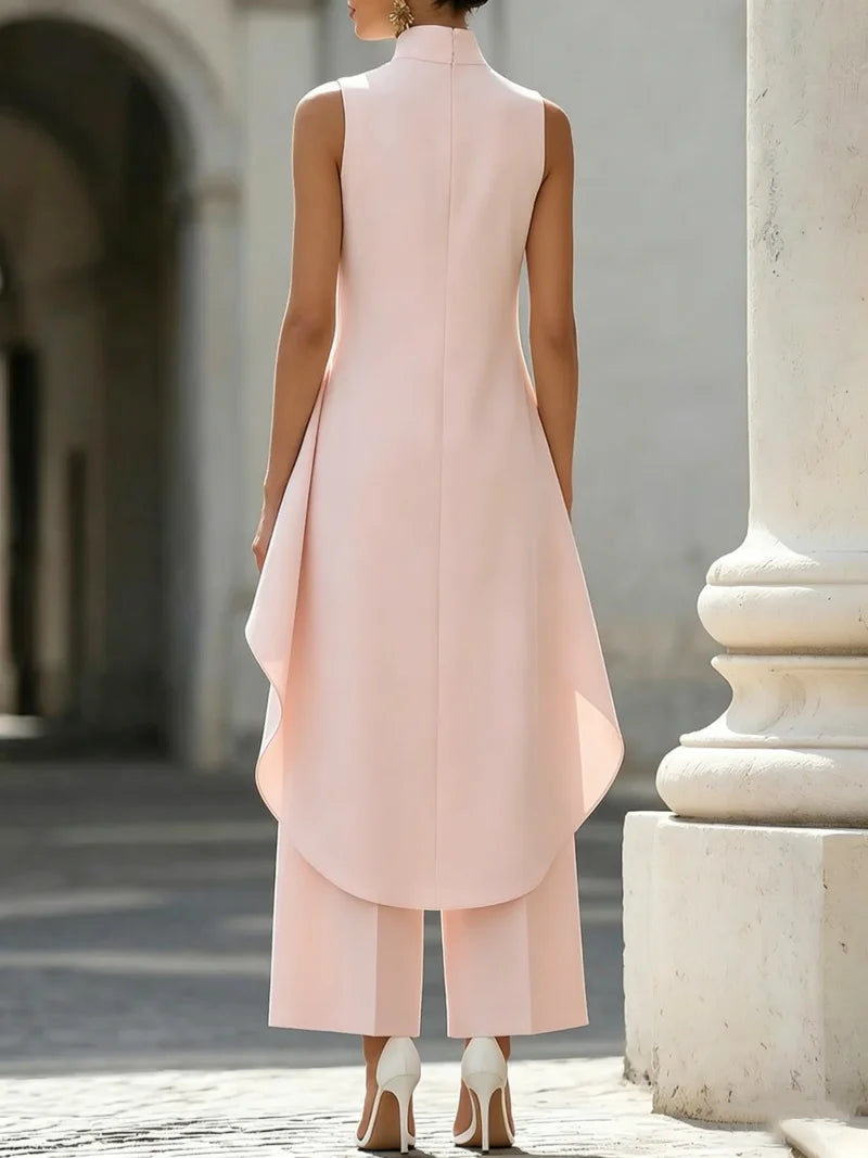 Sleeveless High Neck Jumpsuit With Asymmetric Draped Overlay Wide Leg