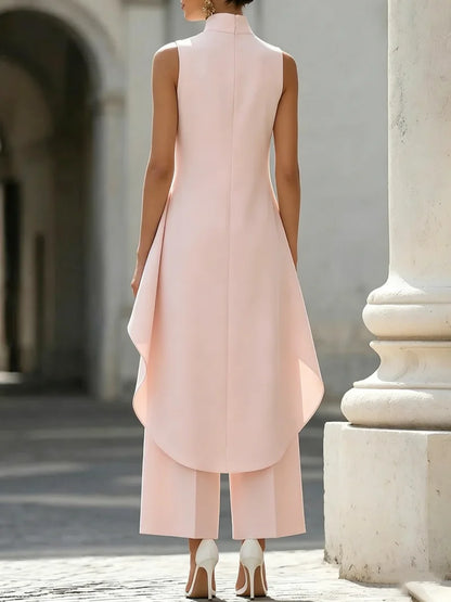 Sleeveless High Neck Jumpsuit With Asymmetric Draped Overlay Wide Leg