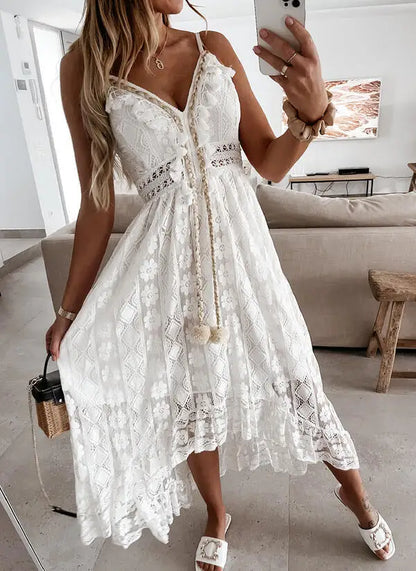 Sexy Long Dress Lace Sleeveless V Neck Hollow Out Elegant Loose Dress