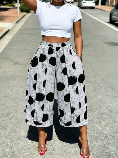 Polka Dot Wide Leg Crop Loose Fit Work Casual Pants