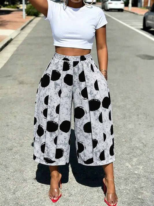 Polka Dot Wide Leg Crop Loose Fit Work Casual Pants