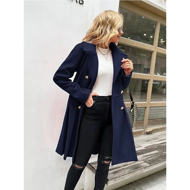Winter Woolen Trench Coat Skirt Double Breasted Flip Lapel Jacket