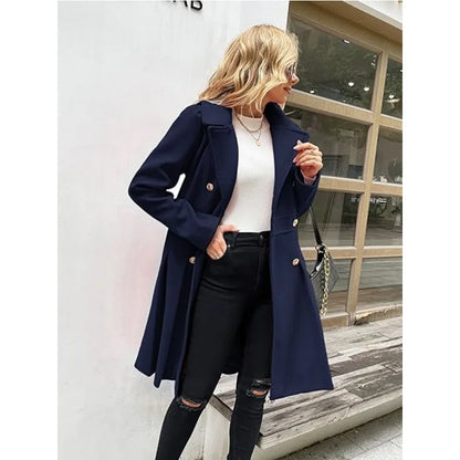 Winter Woolen Trench Coat Skirt Double Breasted Flip Lapel Jacket