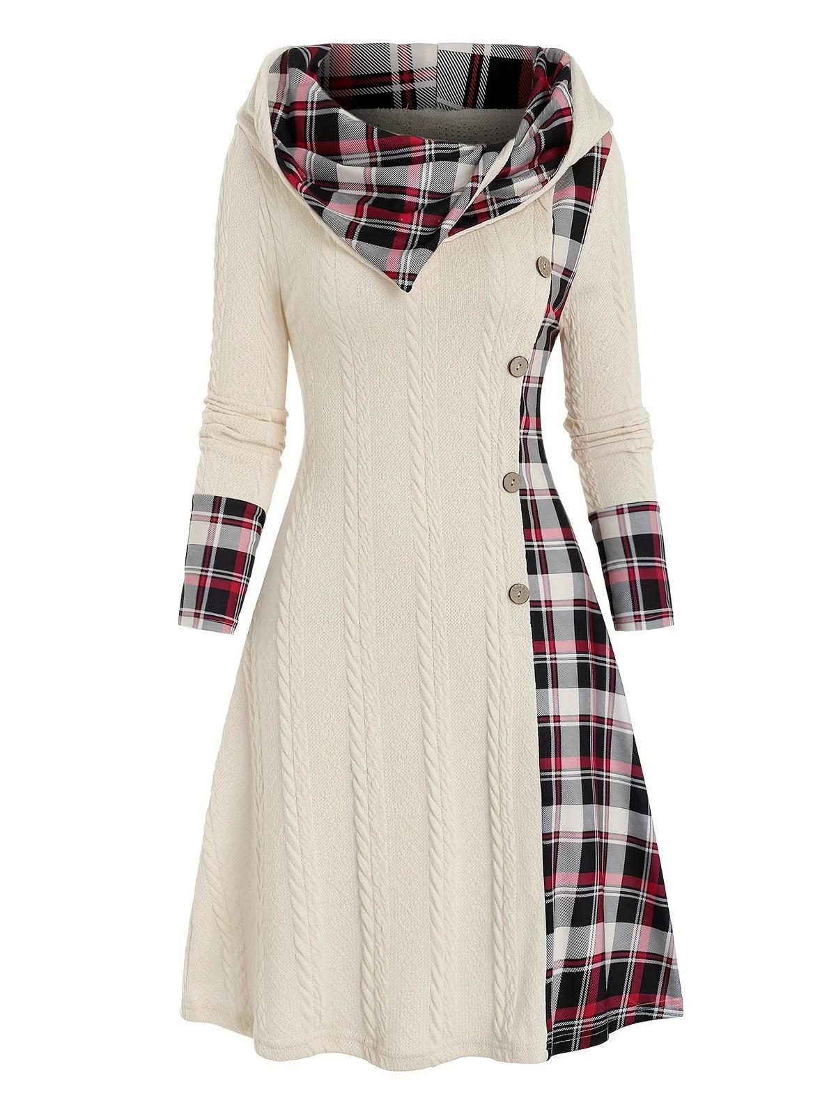 Knitted hooded plaid print stitching fake buckle high waist long sleeve dress