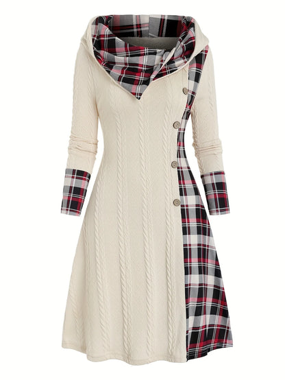 Knitted hooded plaid print stitching fake buckle high waist long sleeve dress