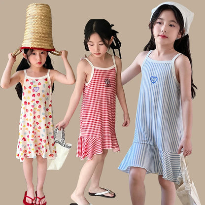 Girls Cotton Flower Dot Plaid Dress