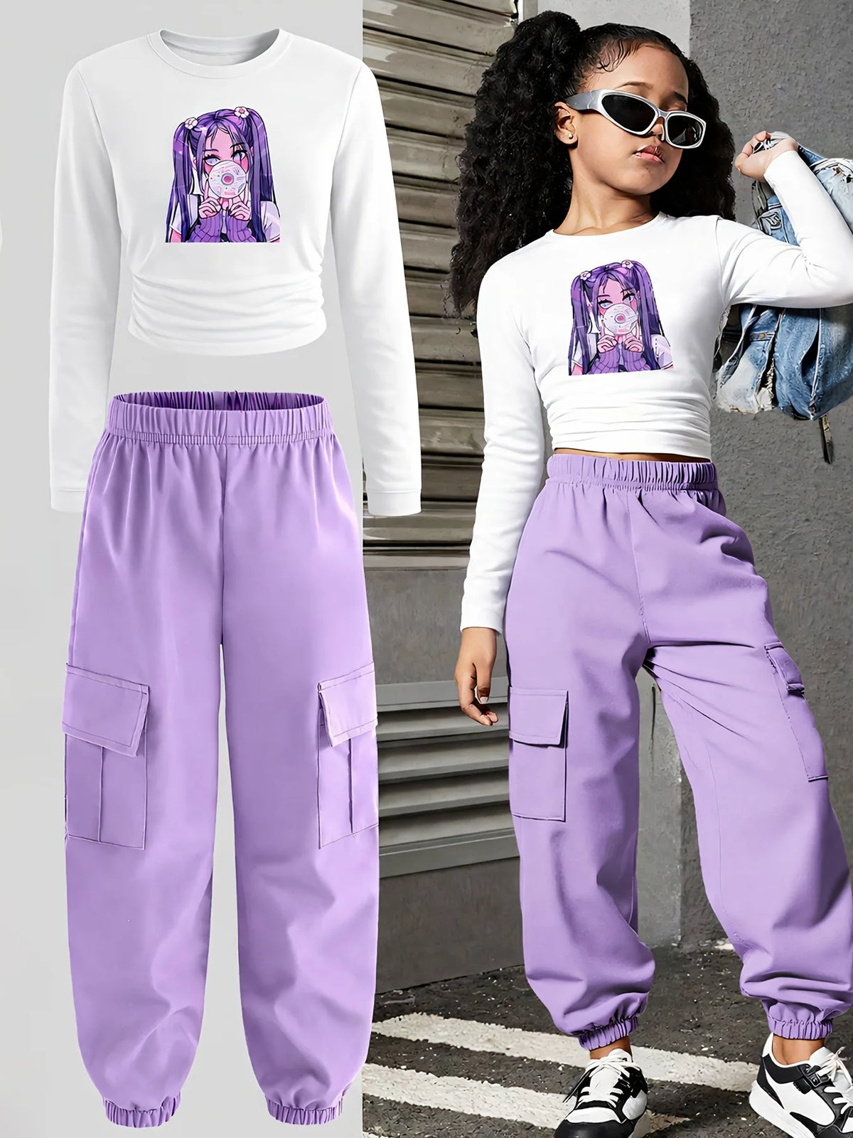Comfy Soft Breathable Anime Print Crop Top + Purple Cargo Pants Set