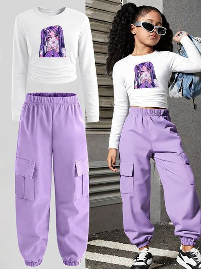 Comfy Soft Breathable Anime Print Crop Top + Purple Cargo Pants Set