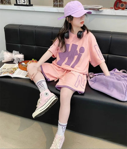 Short Sleeve Teen Loose Casual Letter Print Outfits Set