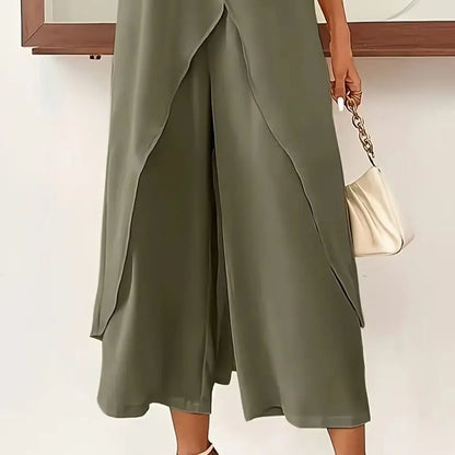 Plus Size Casual Round Neck Long Sleeved Slit Wide Leg Pants Set