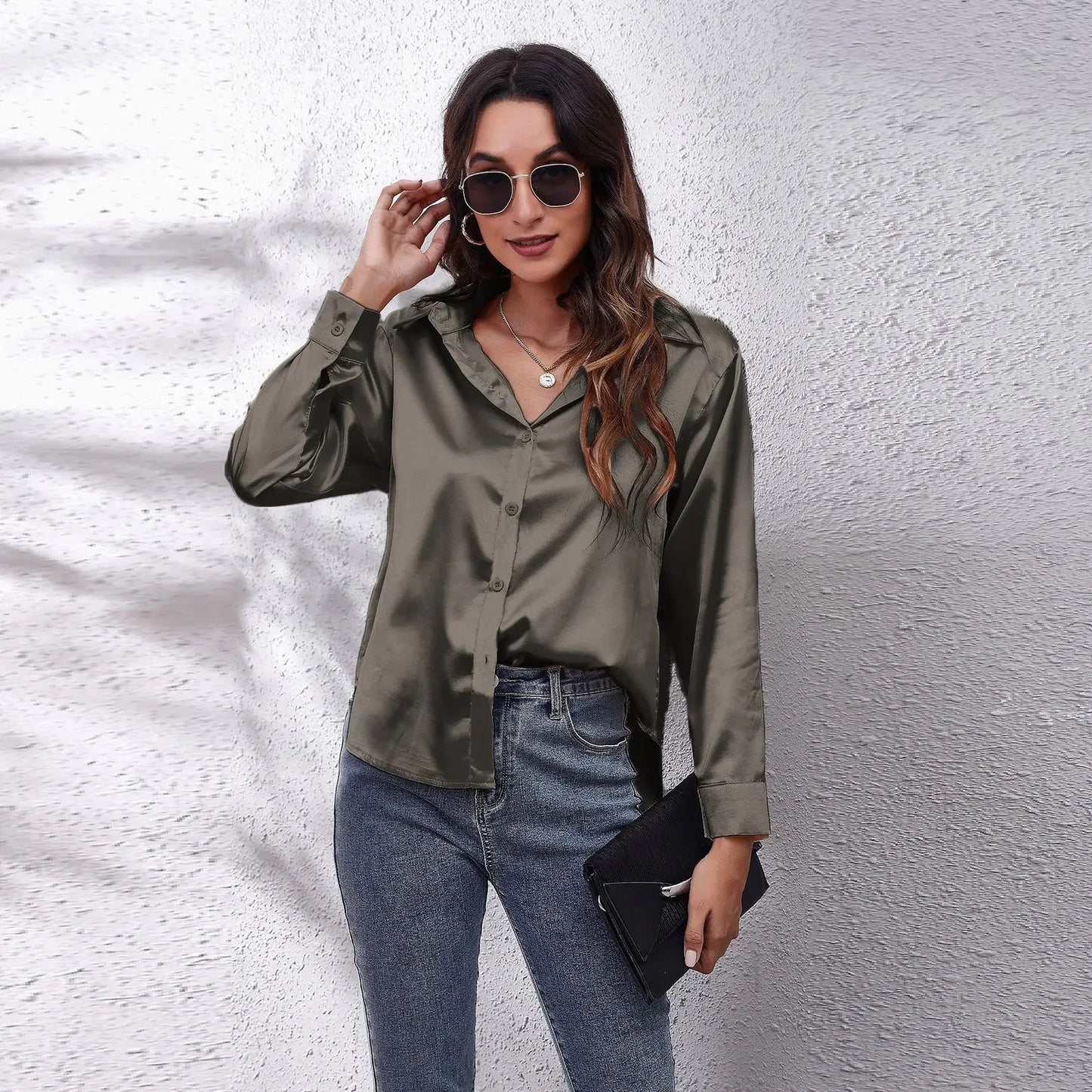 Solid Satin Shirt Long Sleeve Shirt
