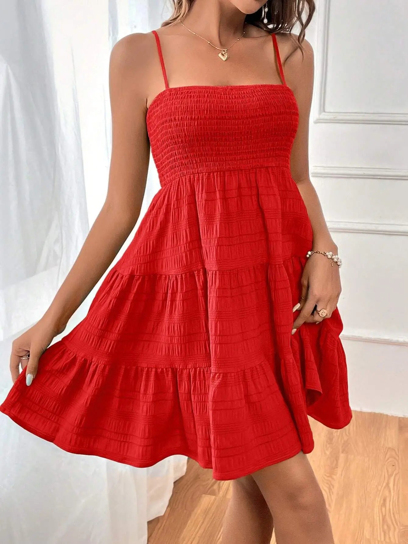 Spaghetti Strap Smocked Bustier Mini Swing Dress