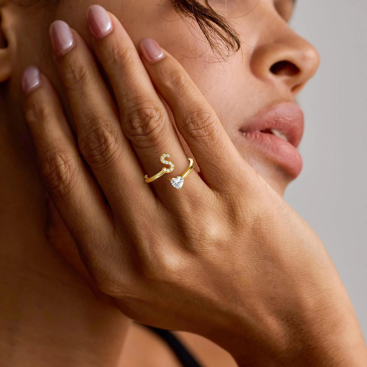 Gold Letter Open Heart Shape Cubic Zirconia  A-Z 26 Letter  Lnitials Rings