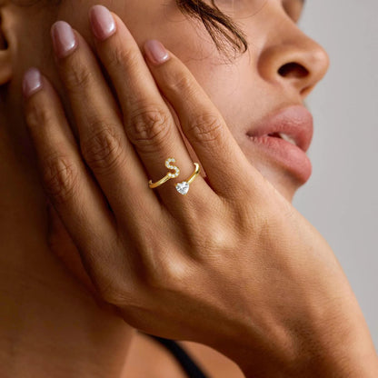 Gold Letter Open Heart Shape Cubic Zirconia  A-Z 26 Letter  Lnitials Rings