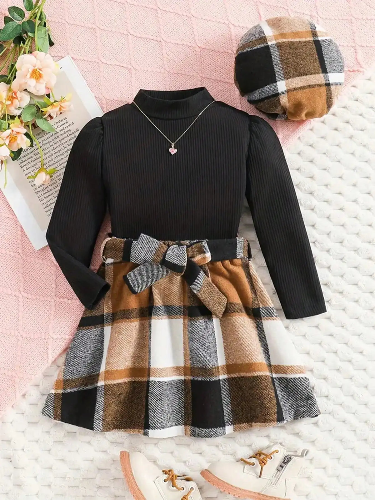Imitation Long Sleeved Top Plaid Skirt Spring and Autumn Set