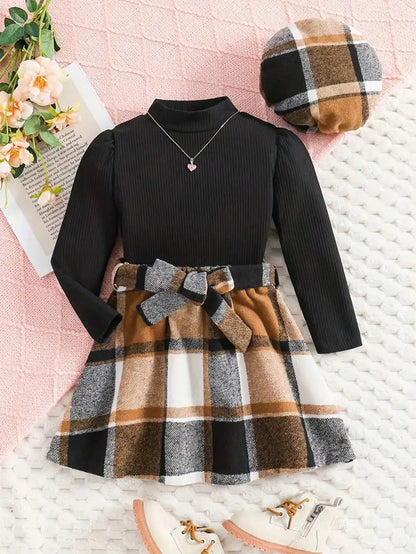 Imitation Long Sleeved Top Plaid Skirt Spring and Autumn Set