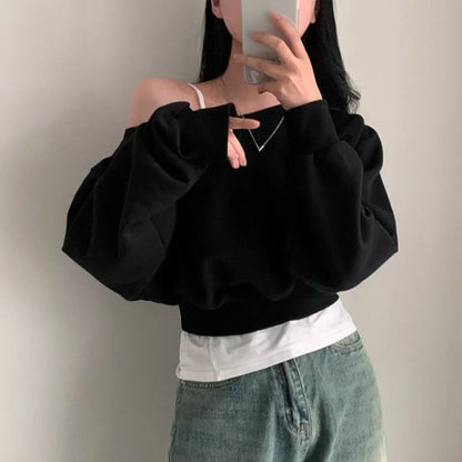 Korean Style Retro Long Sleeve T Shirt Solid Color Casual Sweatshirts