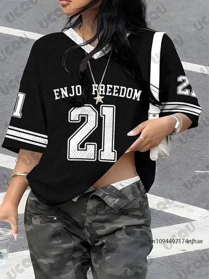 No.21 Print V-Neck Short Sleeve Sports Football Jersey Y2K Oversized T-Shirt