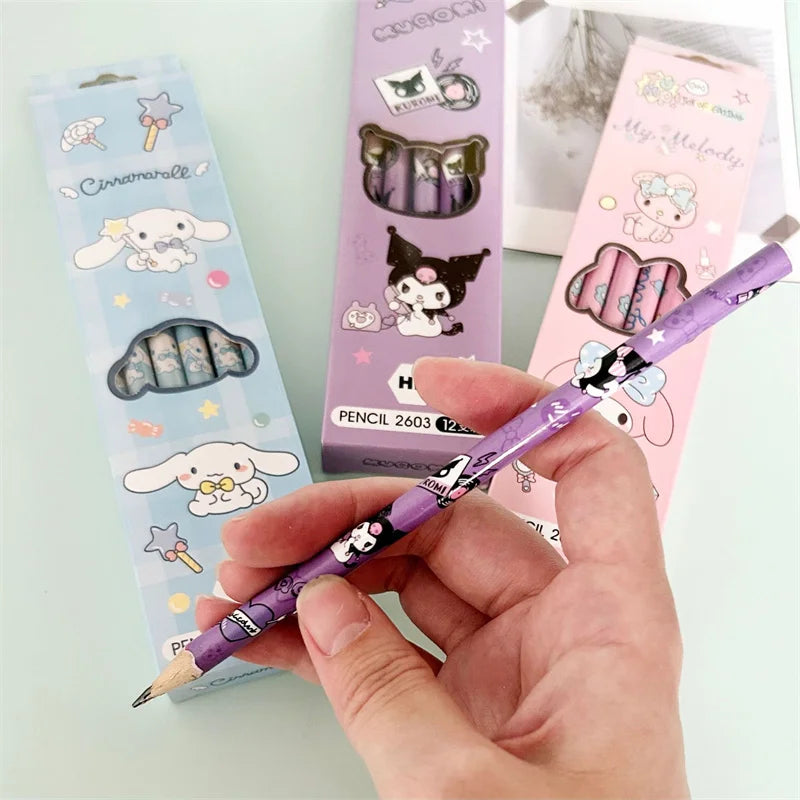 12Pcs/Box Sanrio Pencil Melody Kuromi Cinnamoroll HB Black Write Draw Pencils
