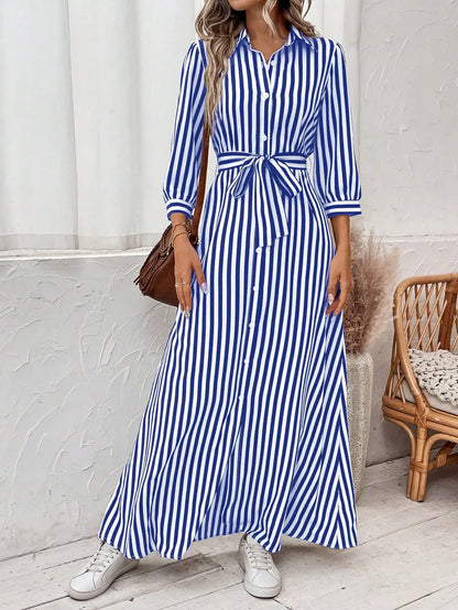 Casual Elegant Striped Print Patterned Gown for All Seasons Dress