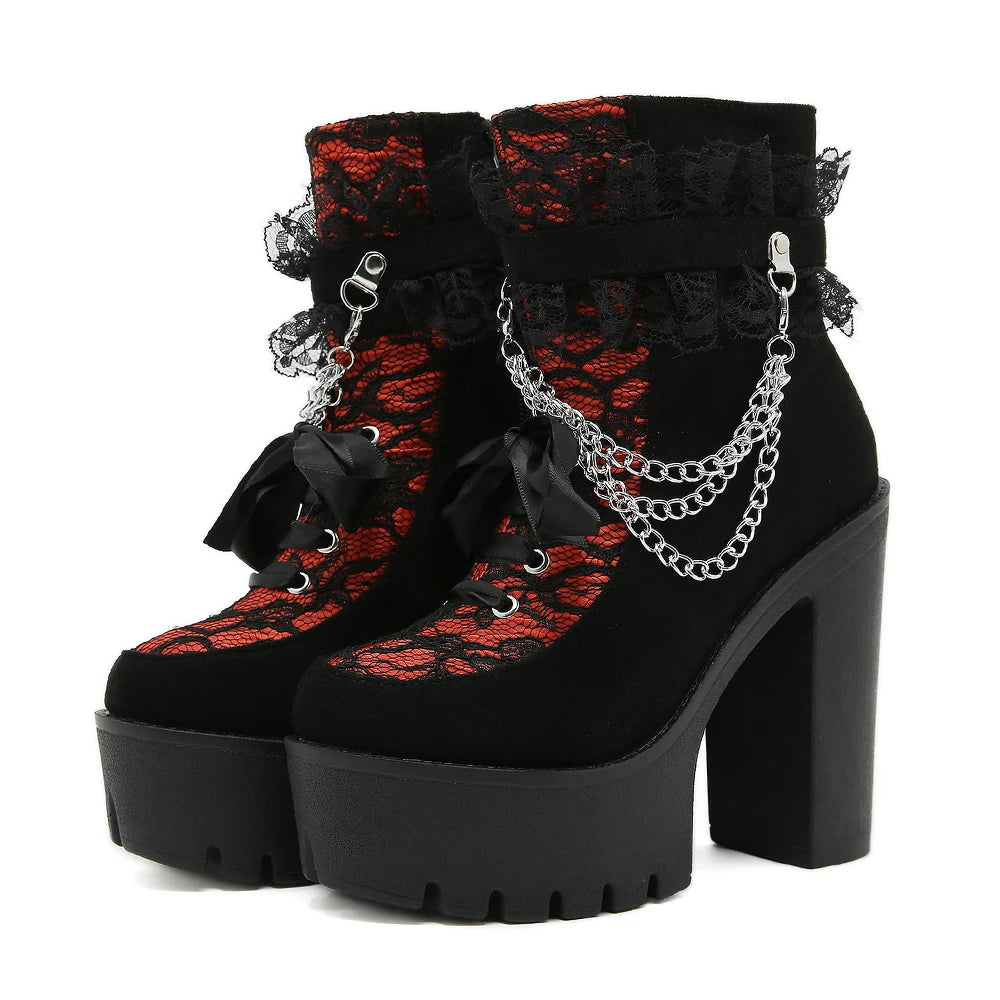 Gothic Lace Ankle Chunky Heel Side Zipper with Chain Platform Goth Boots