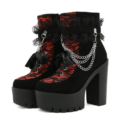 Gothic Lace Ankle Chunky Heel Side Zipper with Chain Platform Goth Boots