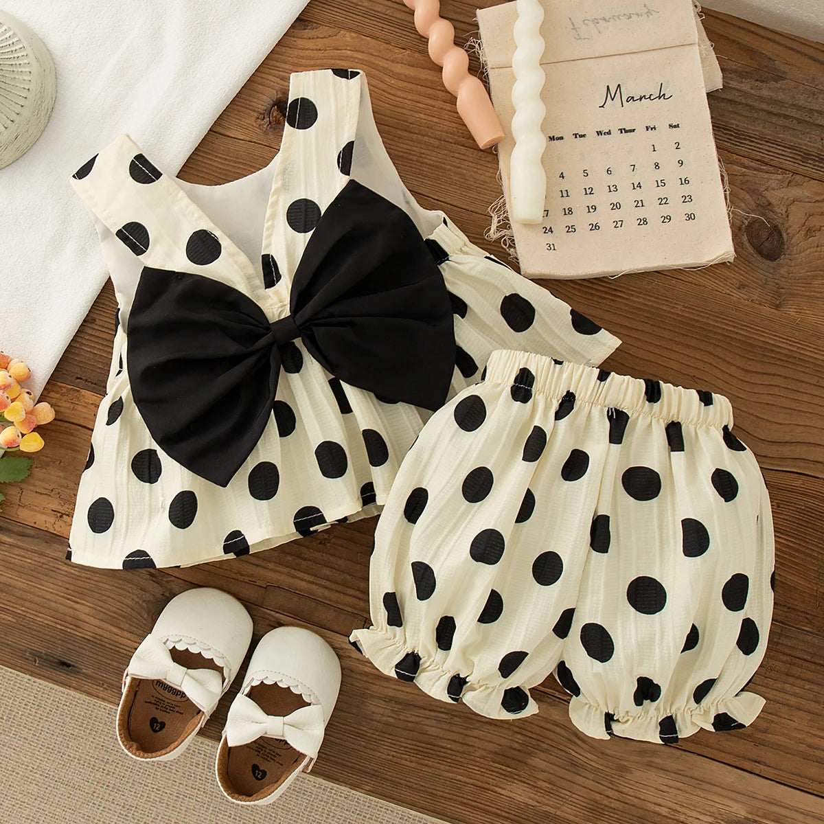 Toddler Girls Korean Style Polka Dot Bow Sleeveless Dress Set
