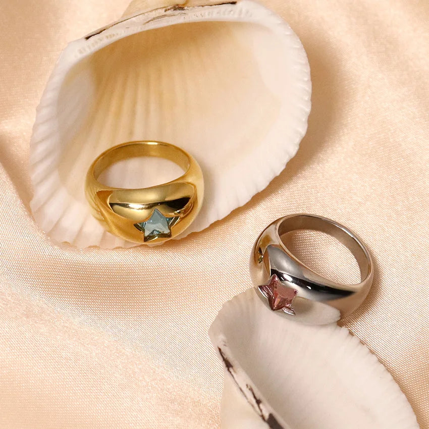 Waterproof 18K Gold Chubby Star Sleek Stainless Steel Pink Zircon Dome Finger Ring