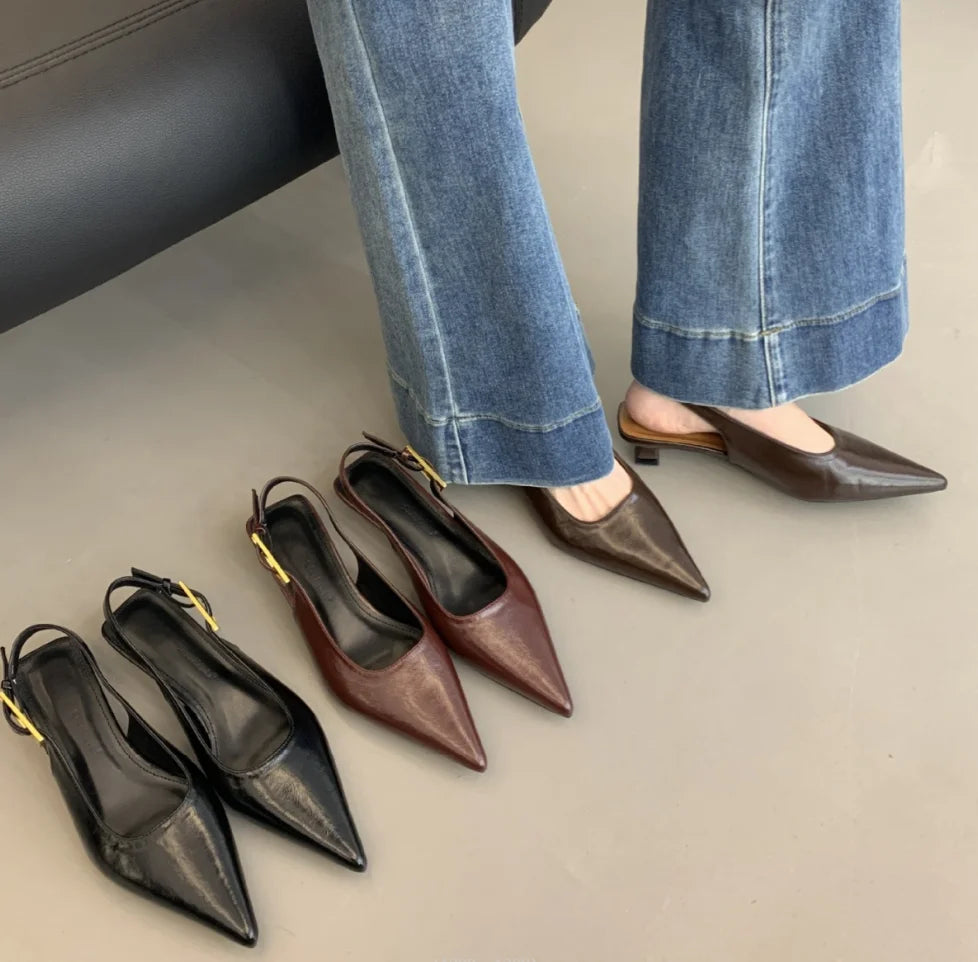 Shallow Slip on Elegant Slingback Thin Med Heel Shoes