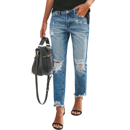 Slim Ripped Denim High-waisted Straight Jeans Pants