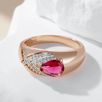 Kinel Unique Ethnic Bride Red Natural Zircon 585 Rose Gold Crystal Rings