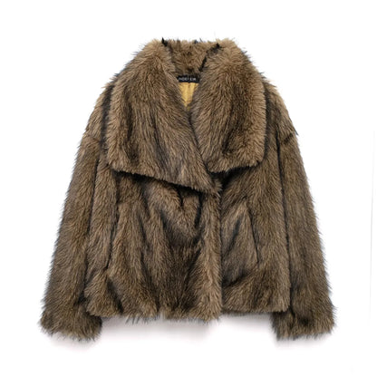 Spring Summer Casual Faux Fur Brown Warm Oversized Elegant Coats