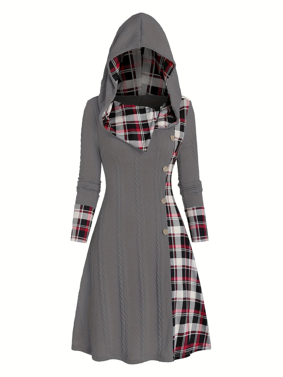 Knitted hooded plaid print stitching fake buckle high waist long sleeve dress