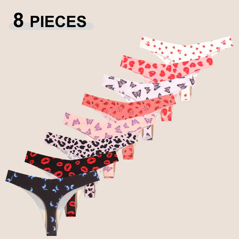 8Pcs/Set Traceless Ice Silk Low Waist Sexy Butterfly Leopard Print Lingerie