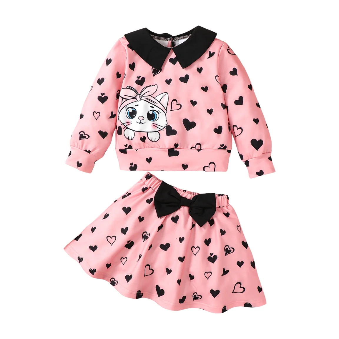 Autumn Sweet Cute Cartoon Cat Print Heart Pattern 4-7 Years Set