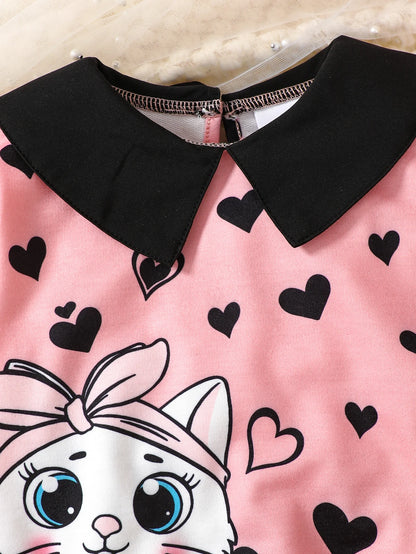 Autumn Sweet Cute Cartoon Cat Print Heart Pattern 4-7 Years Set