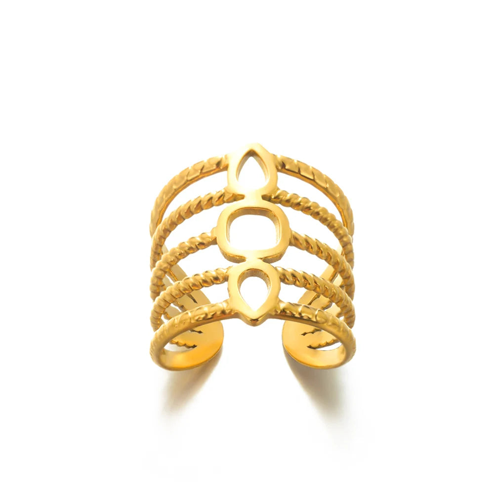 Stainless Steel Round Zircon Geometric Gold Crystal Ring