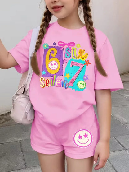 67 Six Seven Cute Bows Flowers Print Short Sleeve T-Shirt Set
