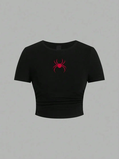 Simple Red Spider Printing Crop Tops Street Slim-fit T-Shirt