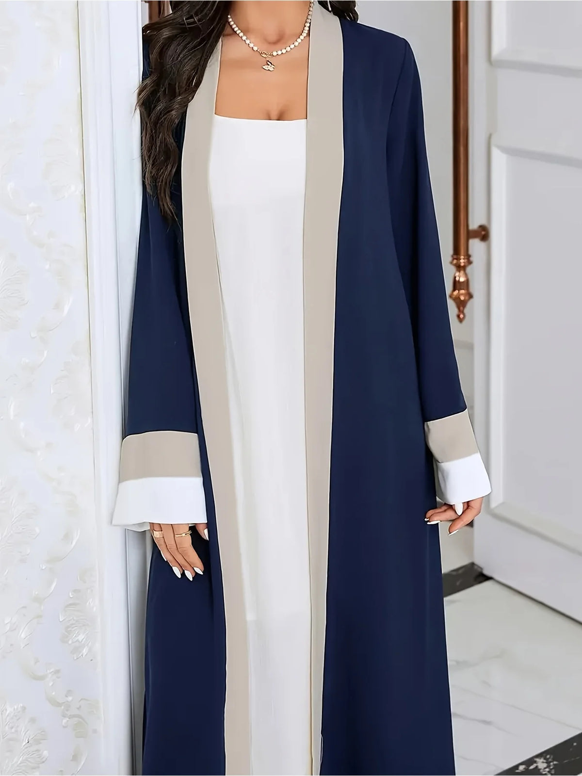 Casual Ramadan Open-Neck Long-Sleeved Color-Block Slim-Fit Dress