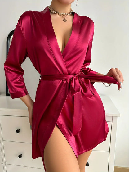 Silk Tie-Waist Short Robe L