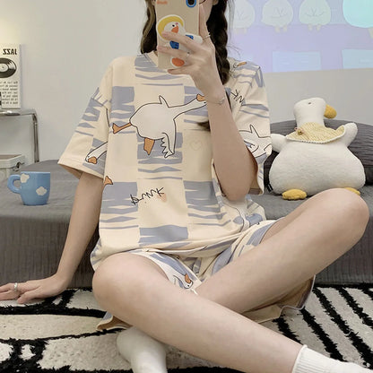 Loose Fit Cartoon Bear Short Sleeve Gradient Casual Pajamas Sets